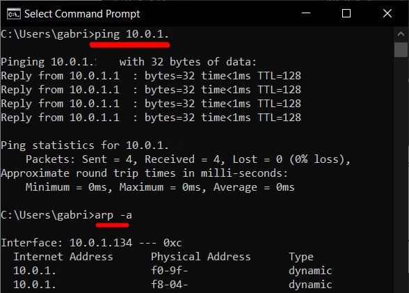 Ping and arp a windows command prompt
