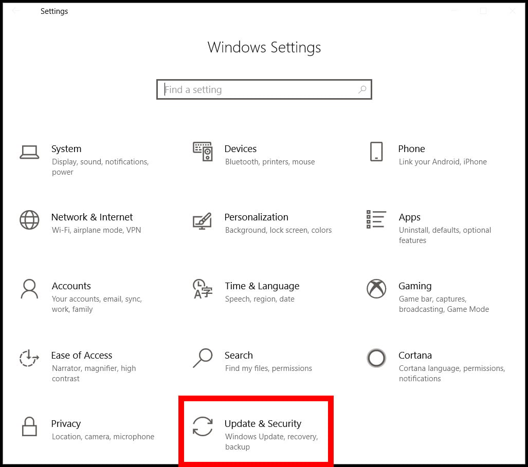 update and security windows settings