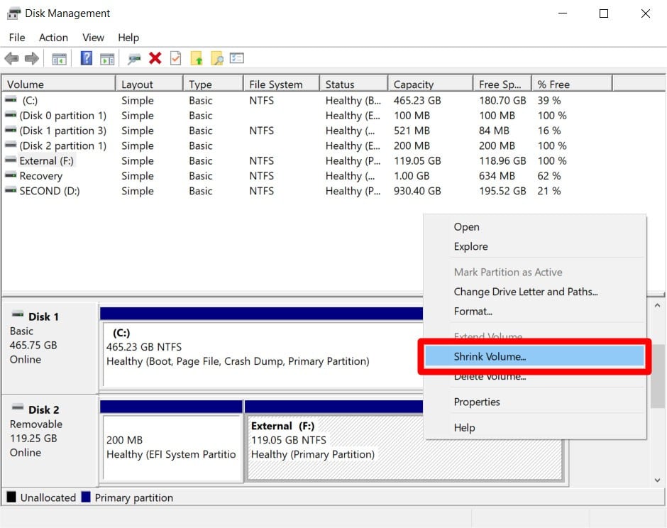 how to Partition an External Drive in Windows 10