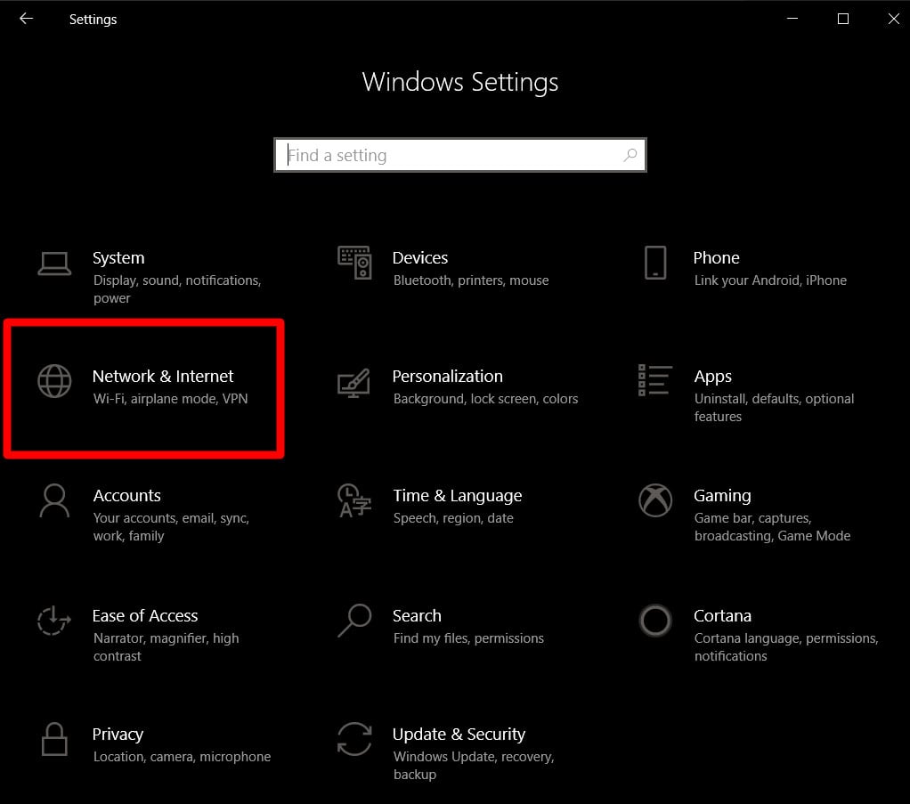 Windows settings network and internet