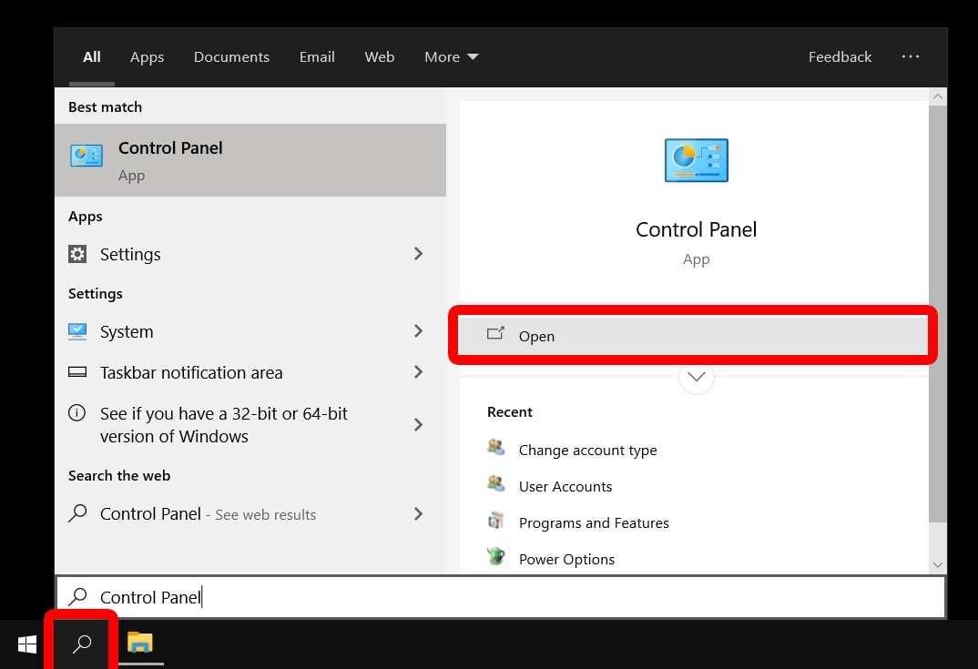 change to administrator windows 10 Windows search bar control panel