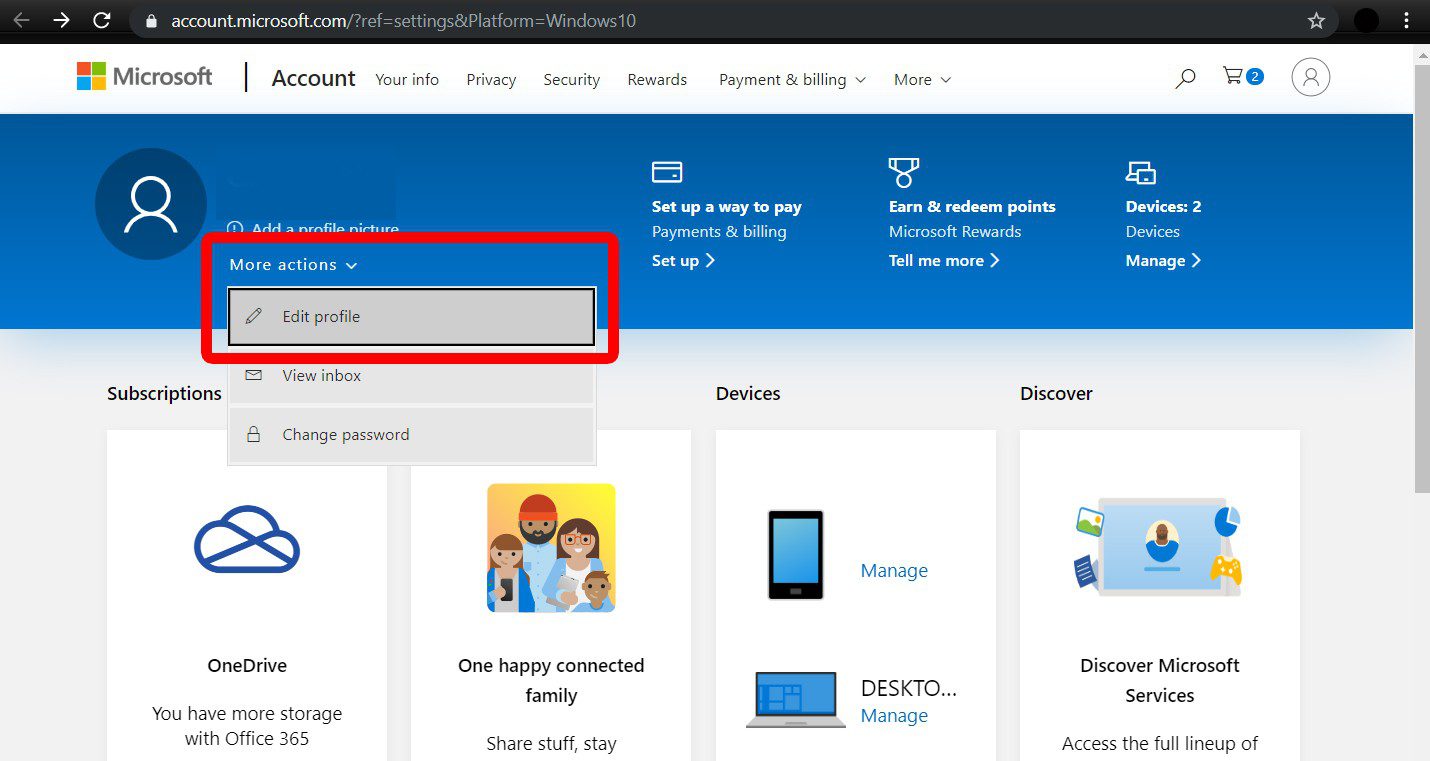 edit microsoft account profile
