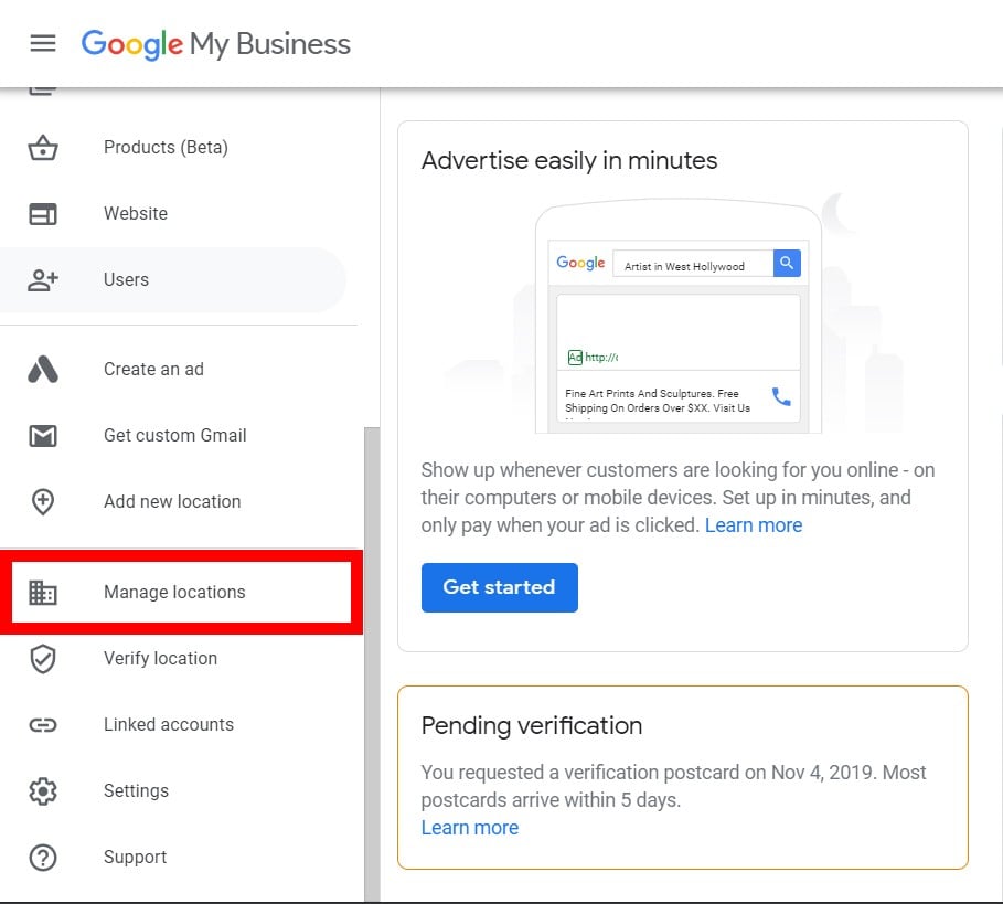 google my business manage locations verification