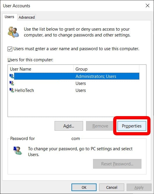 change to administrator windows 10 user accounts properties