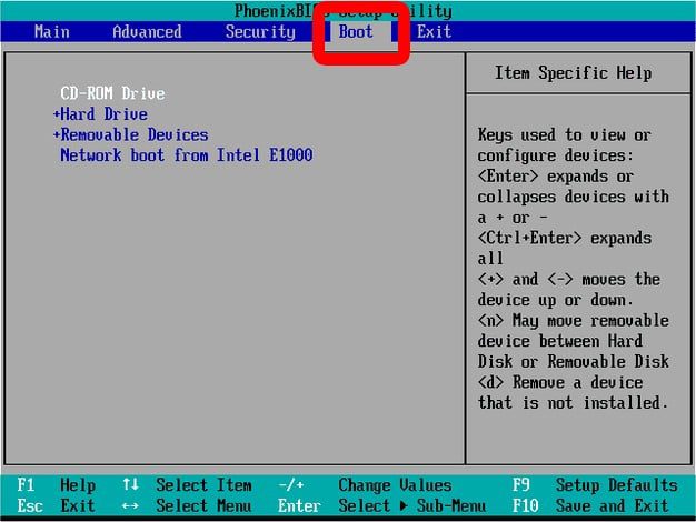 BIOS boot menu