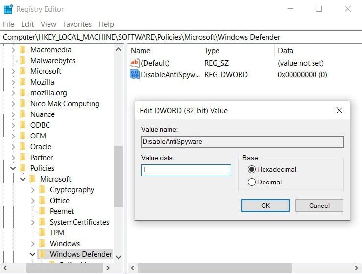 registry editor windows defender diableantispyware edit dword value data 1