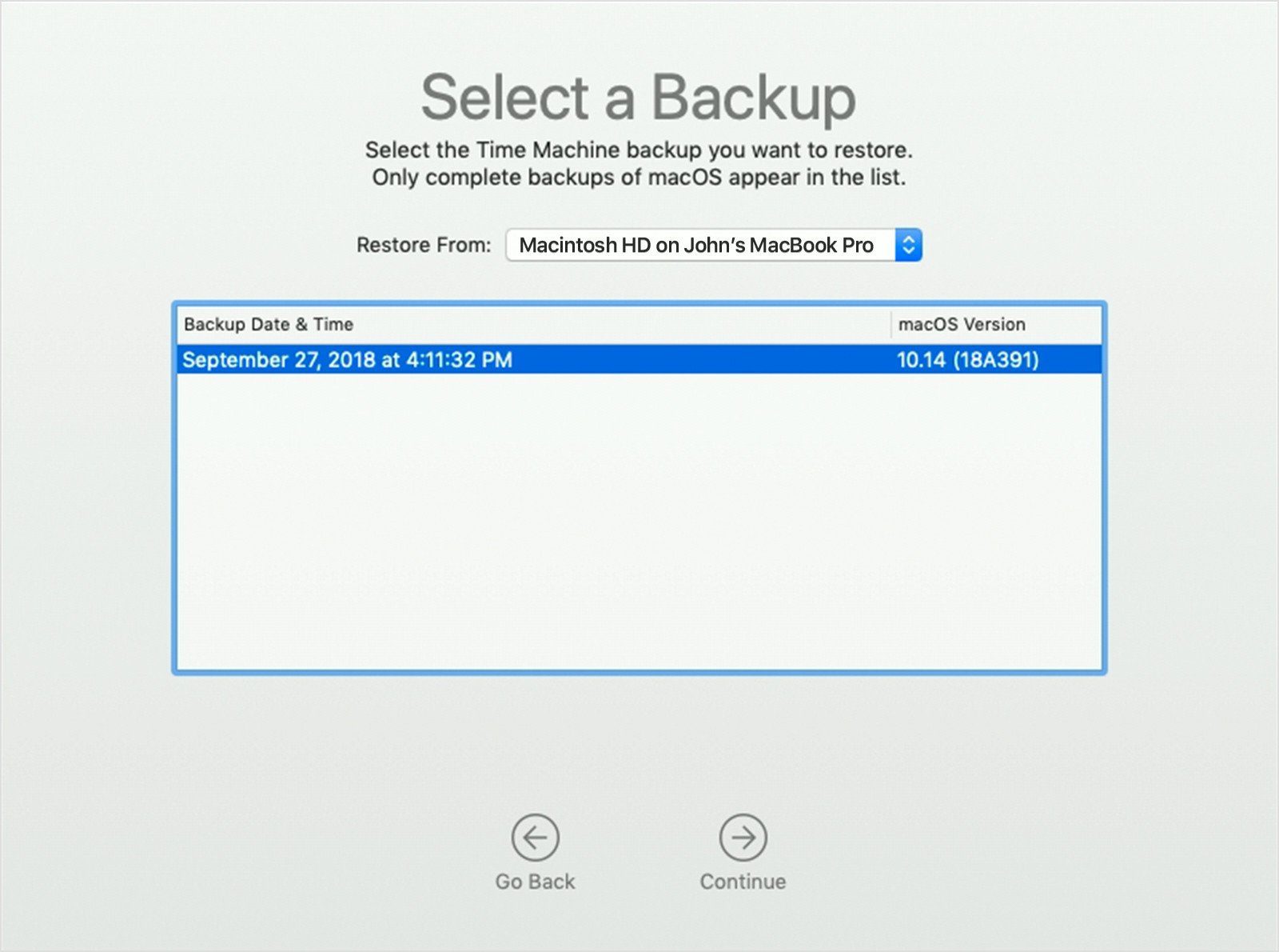 restore from time machine select a backup