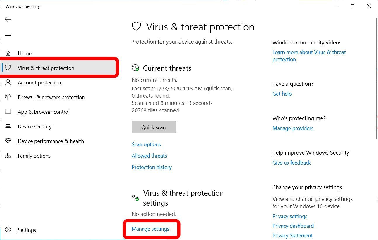 virus and threat protections settings