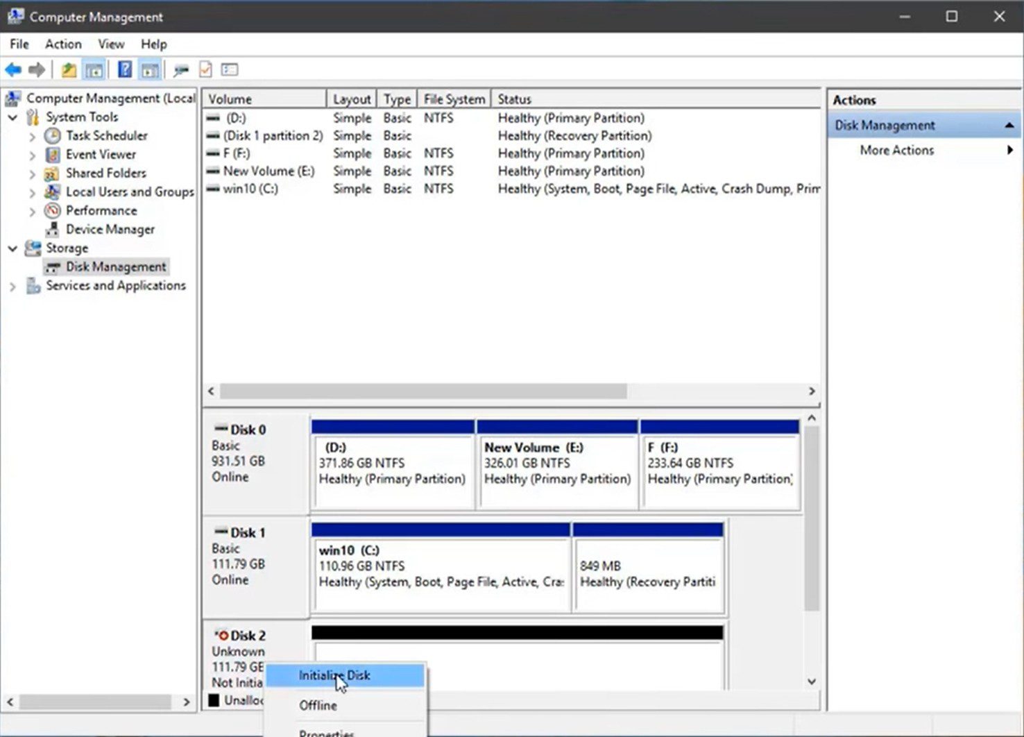 windows 10 computer management disk manager initialize disk