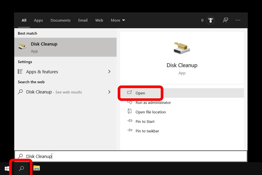 windows search bar disk cleanup