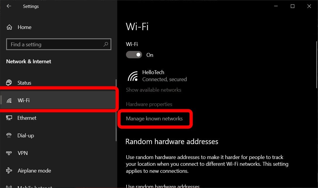 windows settings wifi manage known networks