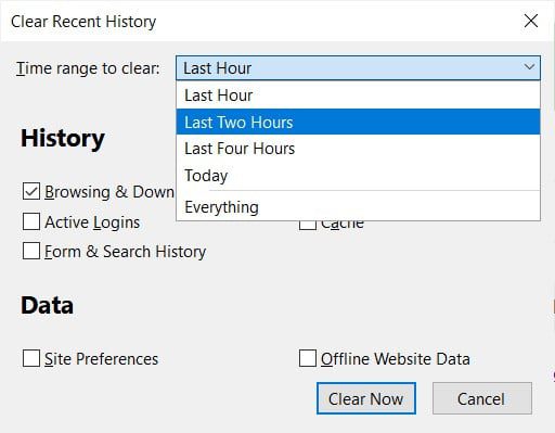 firefox time range clear history
