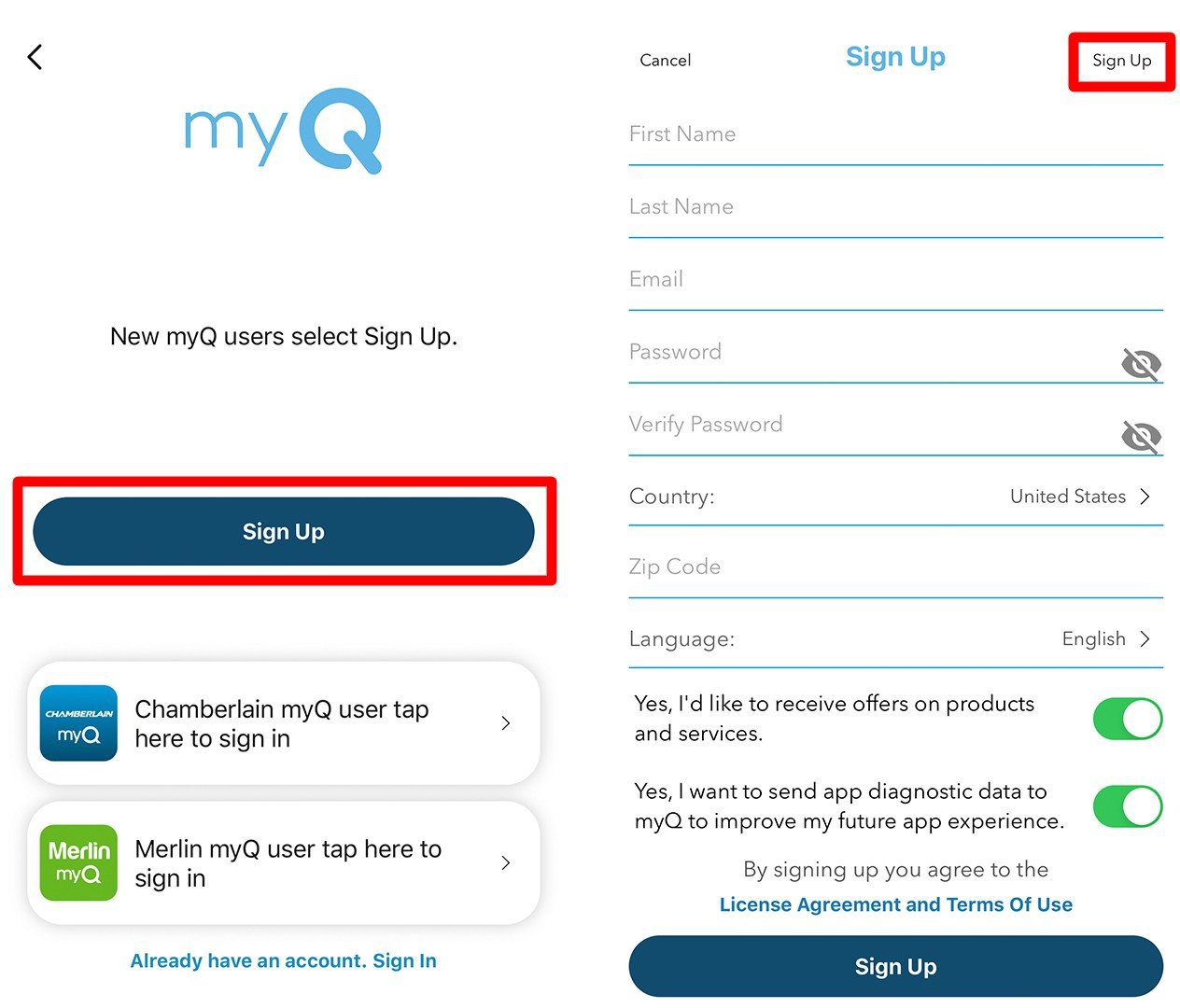 how to sign up with myq app
