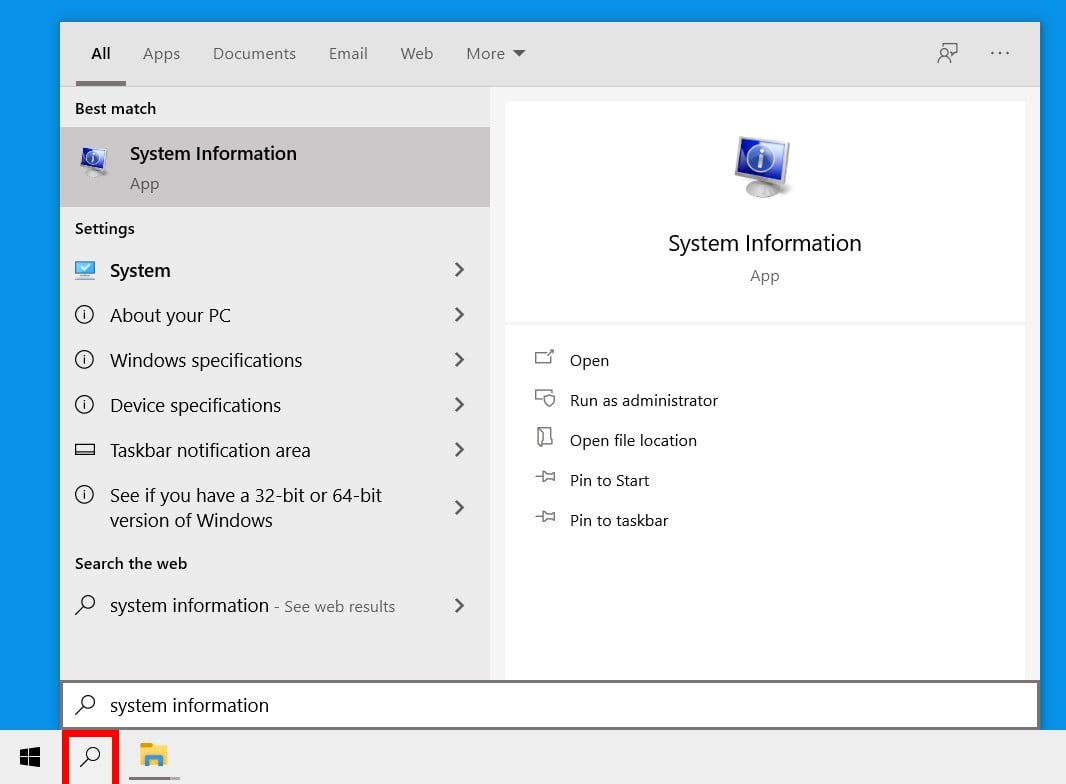 windows 10 search system information