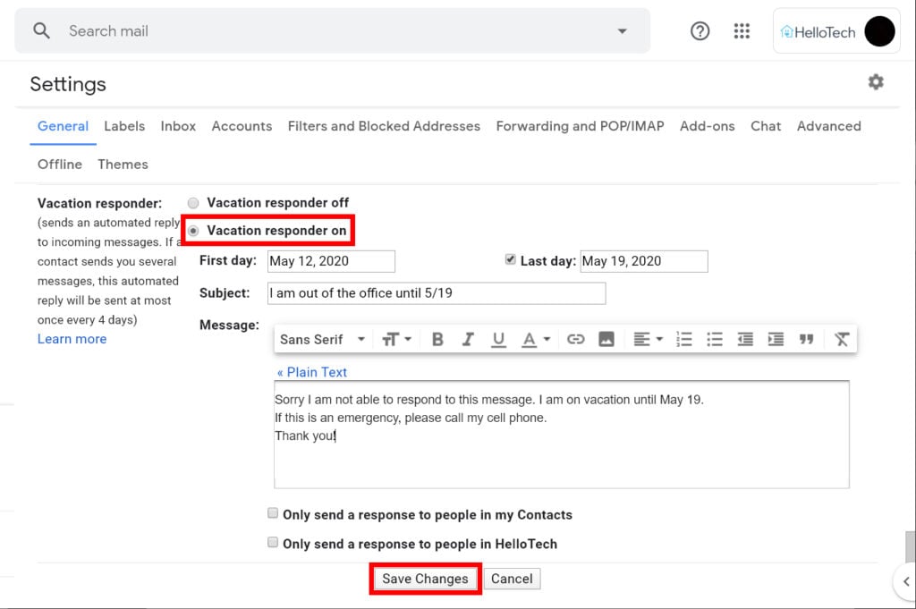 How to Set Up an Automatic Out of Office Reply in Gmail : HelloTech How