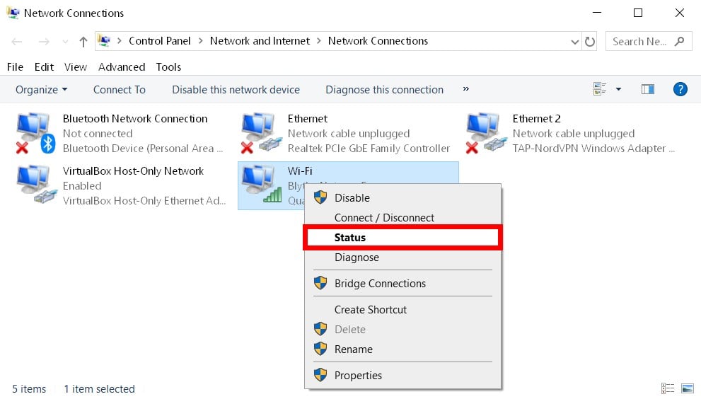 network connections wifi status