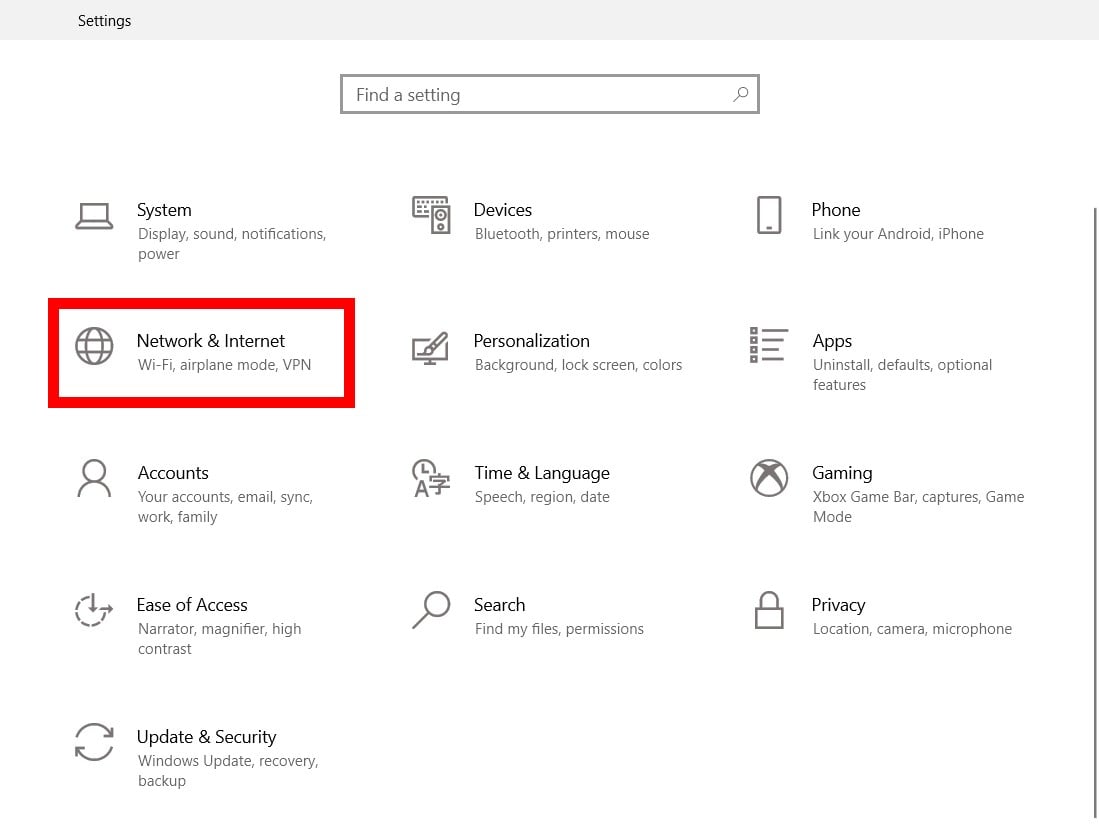 windows 10 settings network and internet