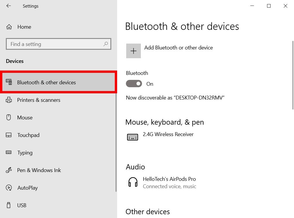 Select the Bluetooth and other devices option from the left screen